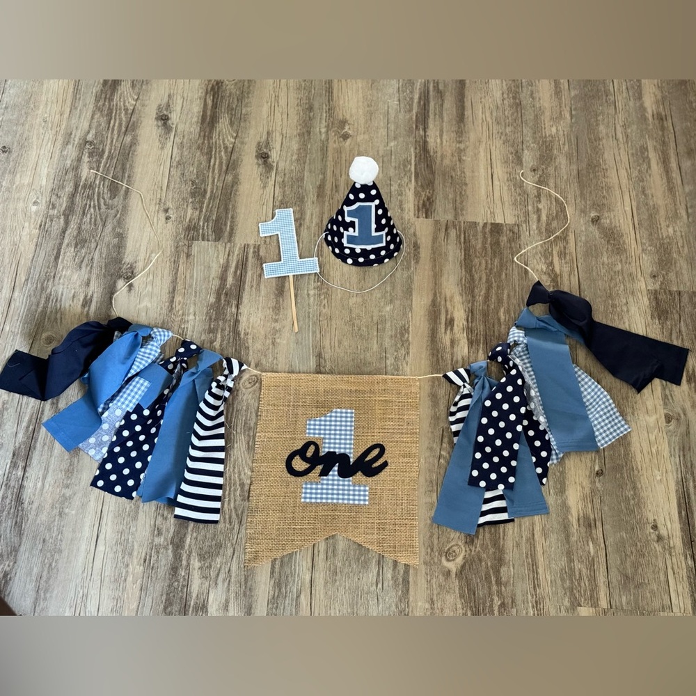 Baby’s 1st birthday high chair banner with matching hat and cake topper